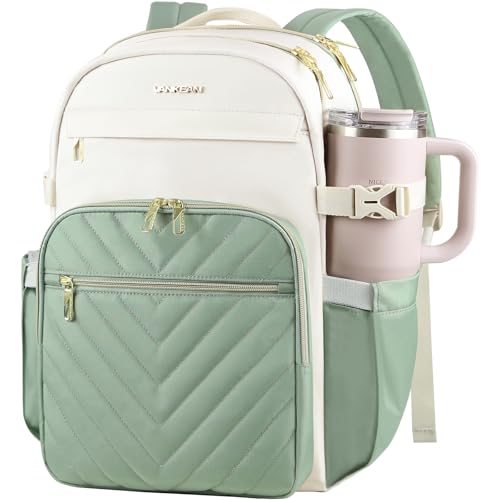 VANKEAN Laptop Backpack for Women with Pouch Pocket for Large Capacity Tumbler, 15.6 Inch Laptop Computer Bag Travel Backpack Purse,Waterproof Work Business College Teacher Bags, Beige-Light Green - color: Beige Light Green, size: 15.6 Inch