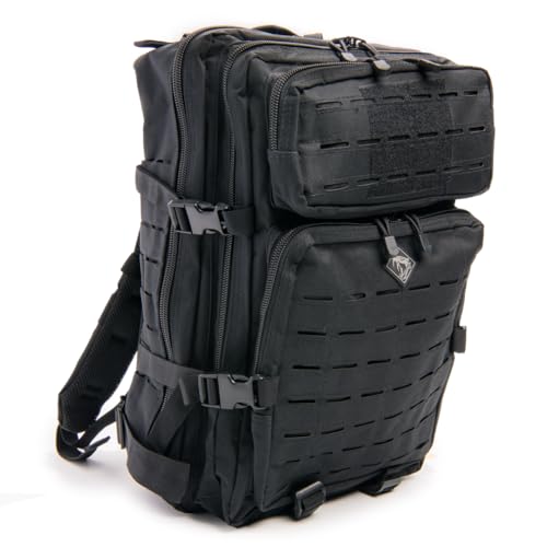Large Laser-cut MOLLE Backpack with Pistol Retention System, Black, Modular and Lightweight Design for EDC, Range, or Tactical Use - color: Black