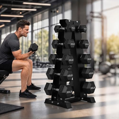 HANDBODE Rubber Coated Hex Dumbbell Set with A-Frame Rack, 100 lb - 600 lb Multiple Options Weight, Hexagon Non-Rolling Shape, Ergonomic Knurled Handle, Home Gym Equipment for Strength Training - style: 300 lb (10, 20, 30, 40, 50 lb) X 2 & Rack