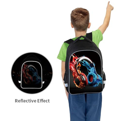 ZRENTAO 3 Pcs Kids Backpack, 3D Reflective Cartoon, 600D Polyester & Dual Zippers, 17" Bookbag with Ergonomic Design for boys & girls age 6-18, Headphone Space Style for school Children Kids - color: 08#headphonesset