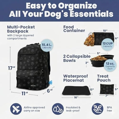 Dog Travel Bag for Supplies - Complete Dog Diaper Bag Backpack with 2 BPA-Free Travel Bowls, Treat Pouch, Food Container, Placemat & Laptop Sleeve – for Traveling, Road Trips, Hiking: Black-Paw Print - color: Black/Grey Paw Print