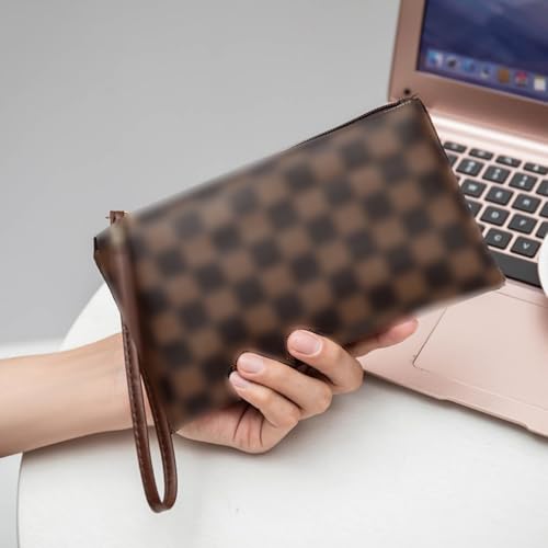 Makeup Bag,4 Pcs Brown Checkered Bags Set,Portable with Adjustable Partition,Large Capacity Pouch for Travel Cosmetic Organizer, Coin Purse, Brushes Bag,Toiletries,Waterproof,Designer for Gift