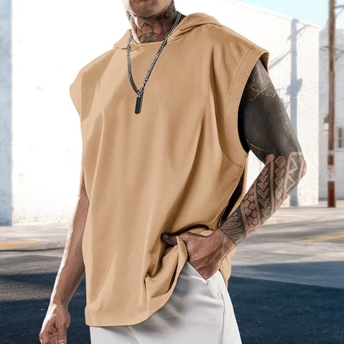 domirica Sleeveless Hooded Mens Shirt Tshirts Loose Fit Fitness Street Outfit Summer Regular Casual Tank Top - color: Khaki, size: 5X-Large