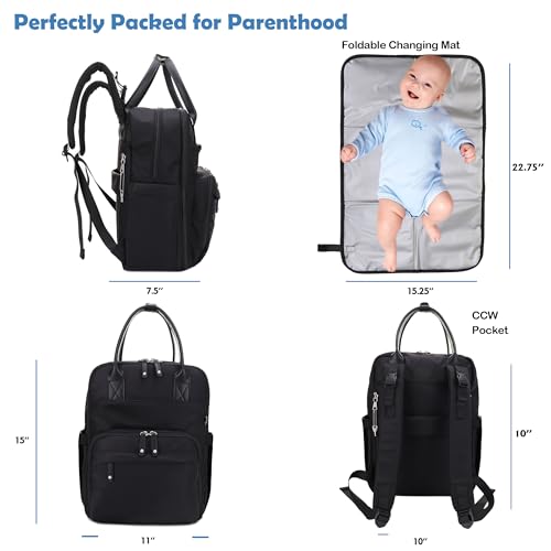 JESSIE & JAMES BeBe CCW Diaper Bag Nylon Backpack Multi Function Backpack with Changing Pad & Stroller Straps_Black/Black - color: Black/Black