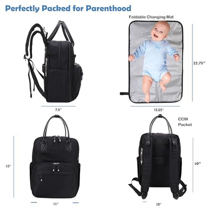JESSIE & JAMES BeBe CCW Diaper Bag Nylon Backpack Multi Function Backpack with Changing Pad & Stroller Straps_Black/Black - color: Black/Black