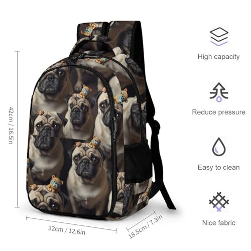Large Capacity Laptop Backpack Cute Pug, Sturdy Water Resistant College Bookbag with Water Bottle Pockets for Business Travel Gifts - color: Pattern (345)