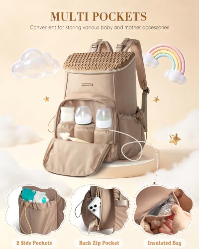 Marscamd Diaper Bag Backpack with Changing Pad, Large Baby Bag, Camel | with Stroller Straps, Insulted Bottle Pockets, Luggage sleeve, for Travel & Labor Delivery - color: Camel