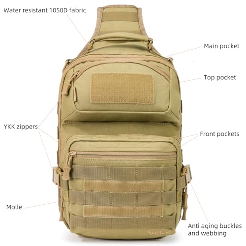 AMHEH 15L 1050D Urban Tactical Sling Bag for Men 12 Inch Laptop, Tan | MOLLE Crossbody One Strap Shoulder Backpack, Everyday Carry, Commuting, Walking, Cycling, Motorcycle Riding, Day Trip, Travel - color: Tan