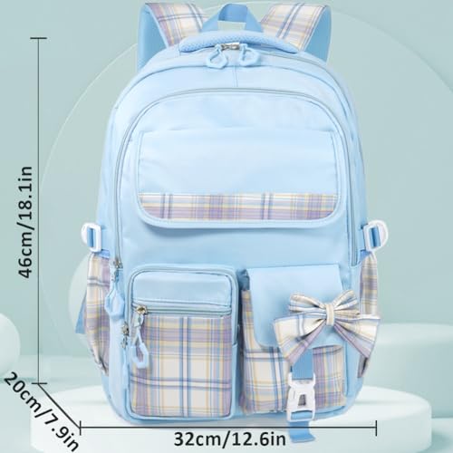 MCWTH Checkered Backpack for Teen Girls, Kawaii Cute Kids Elementary Student School Backpacks (Bow Blue) - color: Checkered Blue