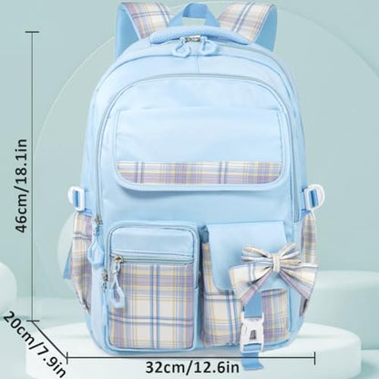 MCWTH Checkered Backpack for Teen Girls, Kawaii Cute Kids Elementary Student School Backpacks (Bow Blue) - color: Checkered Blue