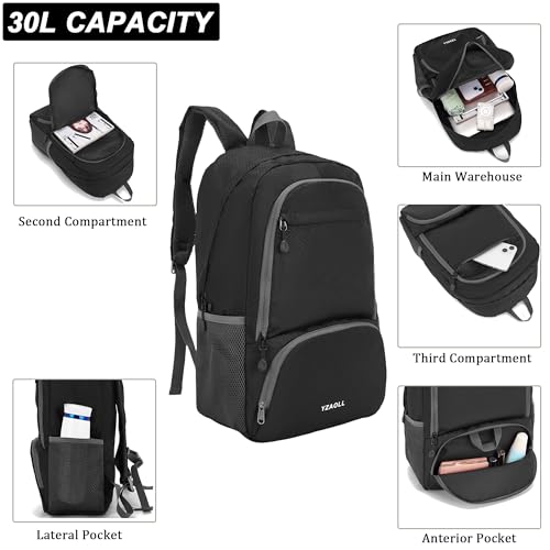 YZAOLL 30L Hiking Backpack Lightweight Day Packs, Packable Backpack for Women Men Travel Camping Vacation,Black - color: E-black