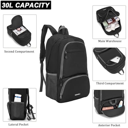 YZAOLL 30L Hiking Backpack Lightweight Day Packs, Packable Backpack for Women Men Travel Camping Vacation,Black - color: E-black
