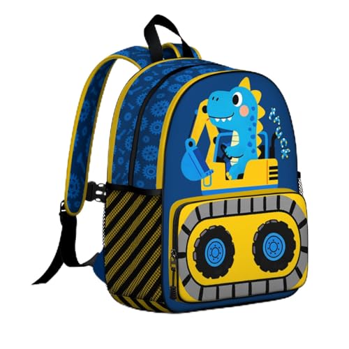 Toddler Backpack for Boys 4-6 – Dinosaur & Excavator Kids Backpack, Fun Preschool Kindergarten Daycare Bag with Padded Ergonomic Straps & Chest Clip, Small Backpack for Kids Travel & School - color: Cute Dinosaur Driving an Excavator