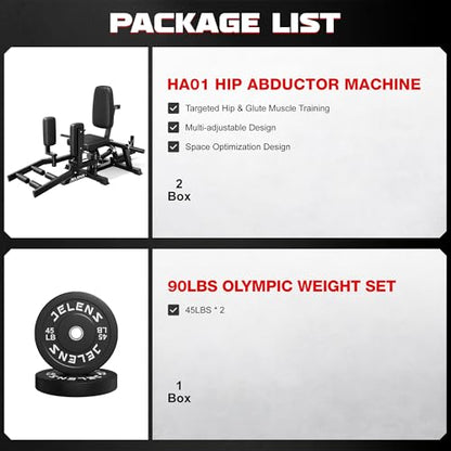 JELENS HA01 Hip Abductor Machine, Abduction Adduction Machine with Adjustable Resistance, Plate Loaded Inner and Outer Thigh Trainer for Home Gym - size: 90LB Black Weights Package