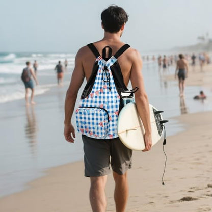 Drawstring Backpack Gym Sackpack With Water Bottle Holder Athletic Cinch Sack Waterproof Blue Gingham with Bunting