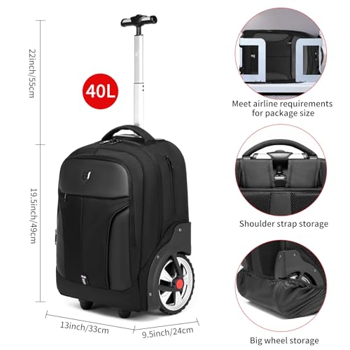 18Inch Rolling Backpack, Waterproof Wheeled Laptop Backpack, 40L, Black, Unisex, Modern Travel Daypack - color: Black, size: 18IN