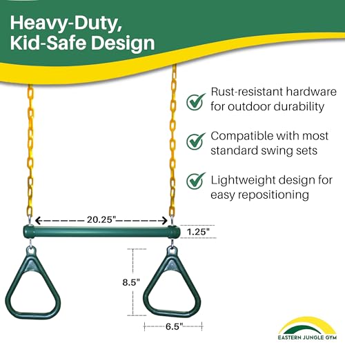 Eastern Jungle Gym Heavy-Duty Ring Trapeze Bar Combo, Large 20" Trapeze Swing Bar with Triangular Gymnastic Rings and Pinch-Free Coated Swing Chains 43" Long