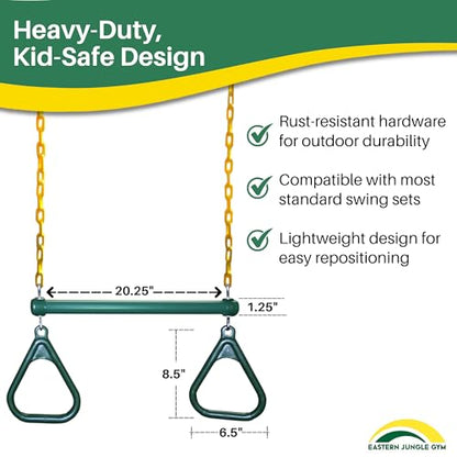 Eastern Jungle Gym Heavy-Duty Ring Trapeze Bar Combo, Large 20" Trapeze Swing Bar with Triangular Gymnastic Rings and Pinch-Free Coated Swing Chains 43" Long