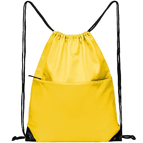 Drawstring Backpack Sports Water Resistant String Bag Sport Gym Sackpack for Women Men Large with Zipper, Yellow - color: Yellow
