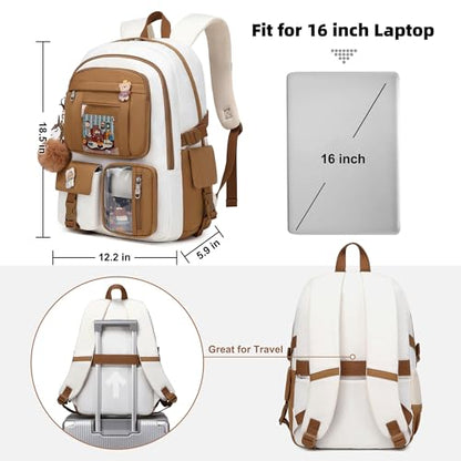 Backpack for Girls with Accessories Laptop Bookbags 16 Inch Kawaii Kids Elementary Middle High School Bag College Travel Daypack Gifts for Teens Women Students (Beige Khaki) - color: Beige Khaki