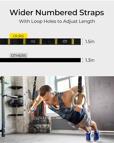 PACEARTH Gymnastics Rings 32mm Wooden Olympic Rings Support 1500lbs Locked Carabiners 9ft Double-Layer Numbered Straps Non-Slip Gym Rings with Foot Straps Door Anchor for Home Gym Full Body Workout - style: 02-1.25" Buckle Rings & Straps Set