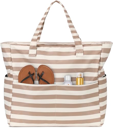 LEDAOU Beach Bag Waterproof Sandproof Women Beach Tote Pool Bag with Zipper for Swim Gym Grocery Travel with Wet Pocket | Sandproof - color: Brown White Stripes