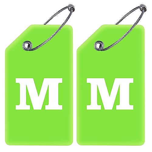 Gostwo 2 Pack Silicone Luggage Tags for Suitcases, 26 Initial Letter Baggage Labels Handbag School Bag Suitcase Instrument Tag with Stainless Steel Loop(Green)(Letter M) - color: Green, size: M