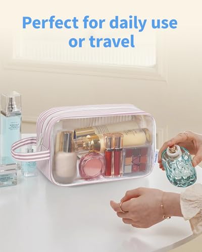 Narwey Clear Toiletry Bags for Traveling Women Men, Clear Travel Bags for Toiletries Makeup Bag Cosmetic Bag with Zipper, Make Up Organizer, Skincare Bag (Dusty Pink Stripe) - color: YB-Dusty Pink Stripe