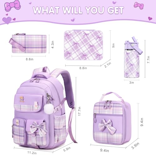 ACESAK 5PCS Backpack for Girls with Bento Box & 14oz Insulated Water Bottle - Cute School Girls Backpacks for Elementary Preschool Middle with Lunch Bag & Pencial Case, Back To School Gift (Purple) - color: Purple