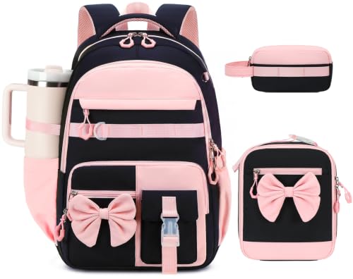 CAMTOP Girls Backpack with Lunch Box & Pencil Case Set, School Backpack for Girls with Large Water Bottle Holder Straps, Waterproof Kids Backpack, Cute Bookbag for Elementary School & Travel - color: Black Pink