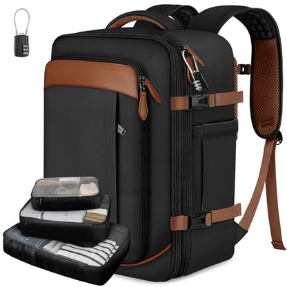Vancropak 40L Travel Backpack Flight Approved Carry On for Men Women, Expandable Weekender Bag with 3 Packing Cubes, Water Resistant Anti-Theft Daypack fits 17.3" Laptop, Large Lightweight Luggage - color: Dark Black Brown