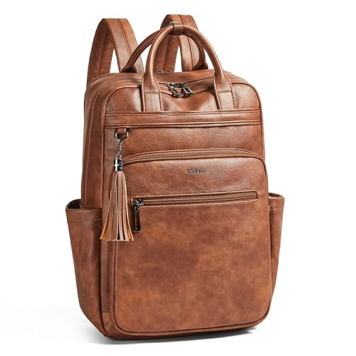 Shrrie Laptop Backpack for Women 15.6 inch Travel Leather Backpack Purse Work Computer Backpacks for Business College Brown - color: Brown