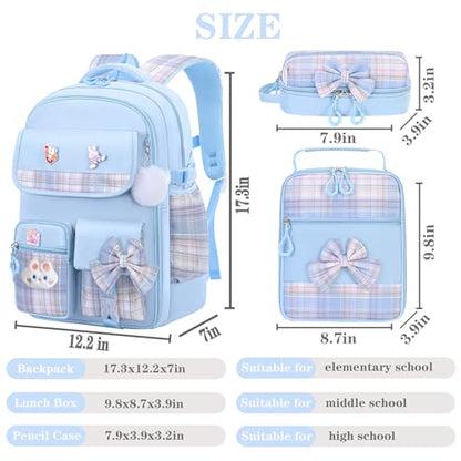 NSEQB Girls Backpack,Kids School Backpack With Lunch Box Pencil Case Set,Cute Childrens Schoolbag For Girls - color: Blue-3PCS