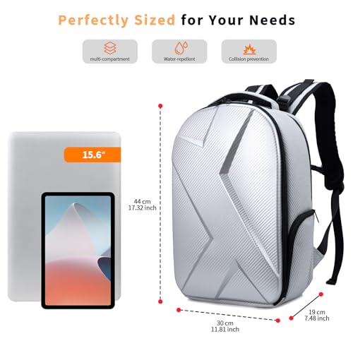 Camera Backpack Hard Shell Imitation Carbon Fiber DSLR, Waterproof Shockproof w/15.6" Lap Comp for Photo, Travelers & Daily. - color: Silver Gray