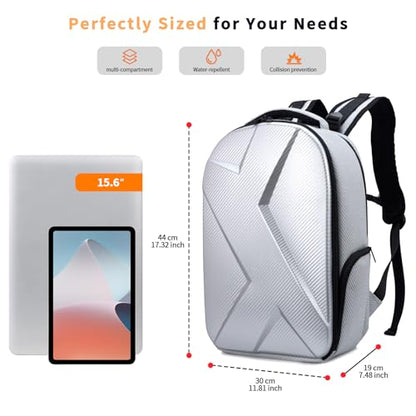 Camera Backpack Hard Shell Imitation Carbon Fiber DSLR, Waterproof Shockproof w/15.6" Lap Comp for Photo, Travelers & Daily. - color: Silver Gray