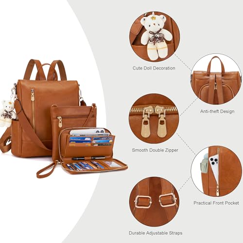 Soperwillton Women Fashion Backpack Purse Anti-Theft Leather Shoulder Bag Travel Multi Pockets Handbag Wallet Set 3pcs - color: Brown