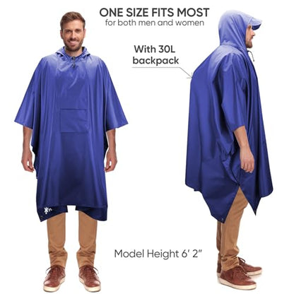 PTEROMY 3-in-1 Hooded Rain Poncho for Adult with Pocket, Waterproof Lightweight Unisex Raincoat for Hiking Camping Emergency - color: Blue