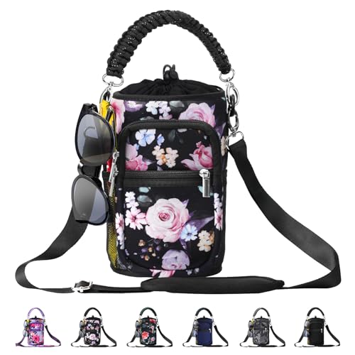 AceTreker 32/40/64/87/128 oz Water Bottle Carrier Bag, Neoprene Water Bottle Sleeve with 4 Pocket, Sport Water Holder with Paracord Handle and Shoulder Strap for Walking Hiking Camping Gym - color: 04.Black Flower, style: 128 Oz