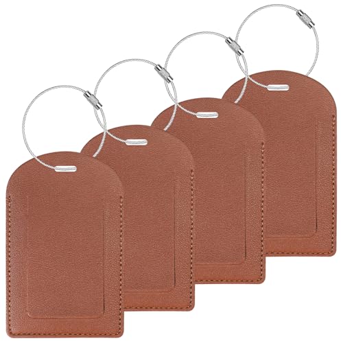Gloppie Luggage Tags 4 Pack TSA Approved Luggage Tag for Suitcase PU Leather Travel Bag Tags Name Tags with Privacy Cover Brown - color: Brown