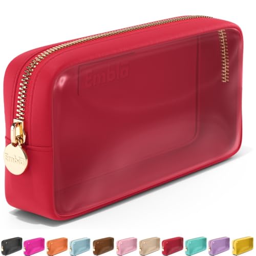 Embla Clear Cosmetic Bag Makeup Case, Clear Zipper Make Up Pouch and Toiletry Travel Tote, Cute Skincare Pouches for Women Girls, Preppy Purse Cosmetic Organizer, Small Makeup Bags, Ruby Red - color: Ruby, size: Small