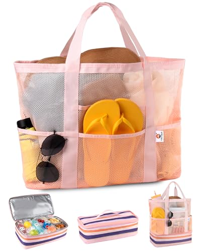 CaCTOUR Beach Bag with Cooler Compartment,Mesh Beach Bag Dry Wet Detachable with Zipper Pockets,Waterproof Sandproof Pool Bag - color: Stripe Pink
