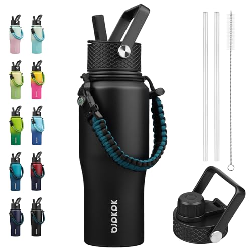 BJPKPK Insulated Water Bottles with Straw Lid, 23oz Metal Water Bottle with 2 lids & Paracord Strap, Double Wall Stainless Steel Vacuum Tumblers, Cups, Mugs, Thermo for Hot& Cold Drinks, Black - color: Black, style: 23oz