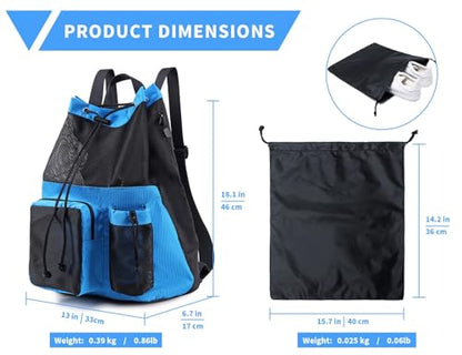 Lohol Large Mesh Drawstring Backpack with Shoe Bag, Durable Swimming String Sack with Handle for Sports Gym Yoga Beach Travel - color: Blue