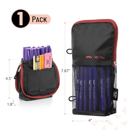 Mr. Pen- Standing Pencil Case Pouch, Sit & Lay Mesh-View Design, Black with Red Zipper, Interior Pocket & 2 Elastic Binder Loops, Cute Pencil Case for Girls and Boys - color: Black with Red Zipper