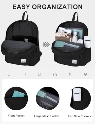 VASCHY Lightweight Backpack for School, Classic Basic Water Resistant Casual Daypack for Travel with Bottle Side Pockets (Black) - color: Classic Black