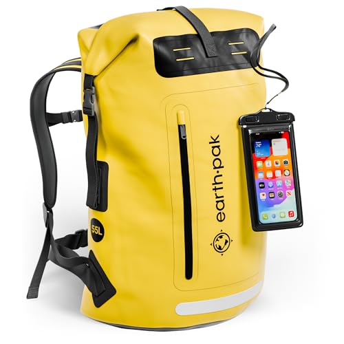 Earth Pak Waterproof Backpack - Heavy Duty Hiking Backpack - Roll-Top Closure Bag - Cushioned Dry Bag Waterproof Phone Case - color: Yellow, size: 55L