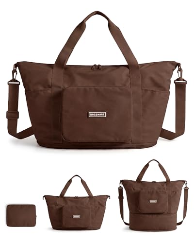 BAGSMART Foldable Travel Bag, 37L Expandable Personal Item Bag, Lightweight Weekender Bags for Women, Water Resistant Extra Carry on for Travel, Chocolate - color: Chocolate