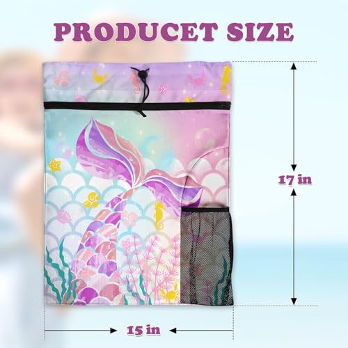 Pink Mermaid Drawstring Backpack, 15” x 17” Waterproof Swim Bag for Beach Swimming Pool, Lightweight Foldable Gym Bag with Water Bottle Holder for Sports Travel - color: Pink Mermaid