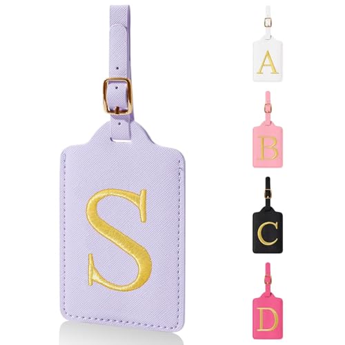 Personalized Initial Luggage Tags for Suitcases,Leather Letter Cute Luggage Tags with Privacy Name Card,Embroidered Monogrammed Travel Bag Backpack Tag Gifts for Women Kids Girls Teens(Purple-S) - color: Purple, size: S