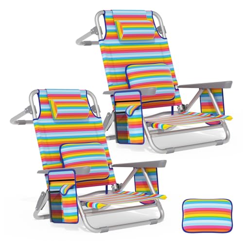 2-Pack Folding Low Beach Chairs with Lumbar Pillow for Adults & Kids - color: Candy Stripes, size: 2 Pack